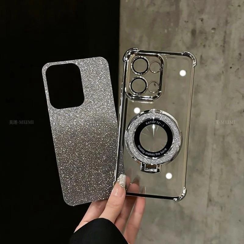 Glitter Magnetic Mirror Holder Case For OPPO A79 A2 5G A78 A38 A18 A17 A16 A15 A15S A3 PRO A76 A96 A57 2022 A54 A58 A53 A33 2020