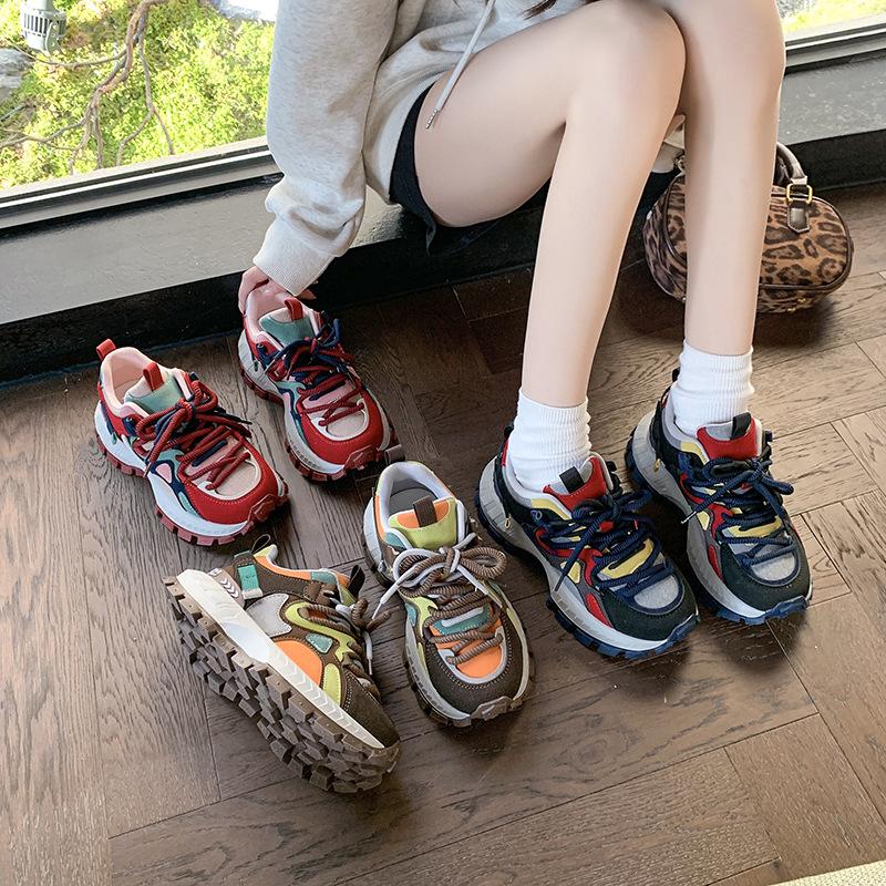 Korean version of platform dad sneakers women's 2025 spring and autumn new retro color matching casual muffin middle heel sneakers