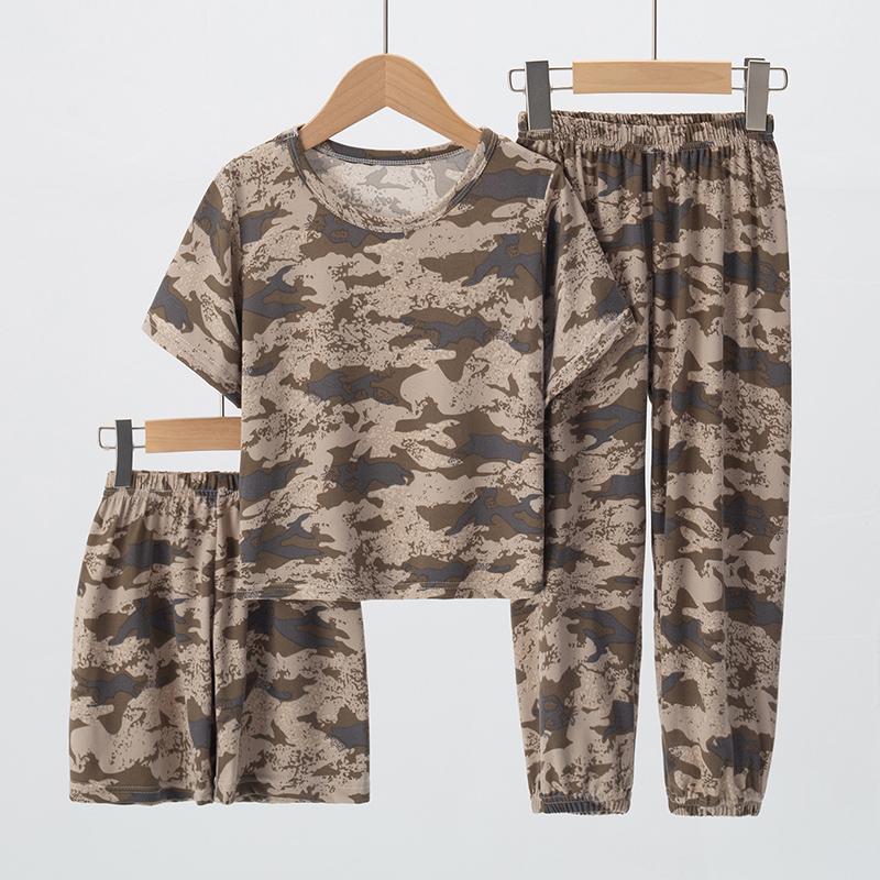3pcs Summer Children's Printing Short-sleeved Shorts 9 Pants Suit Boys and Girls Comfortable Pajamas Can Be Worn Outside