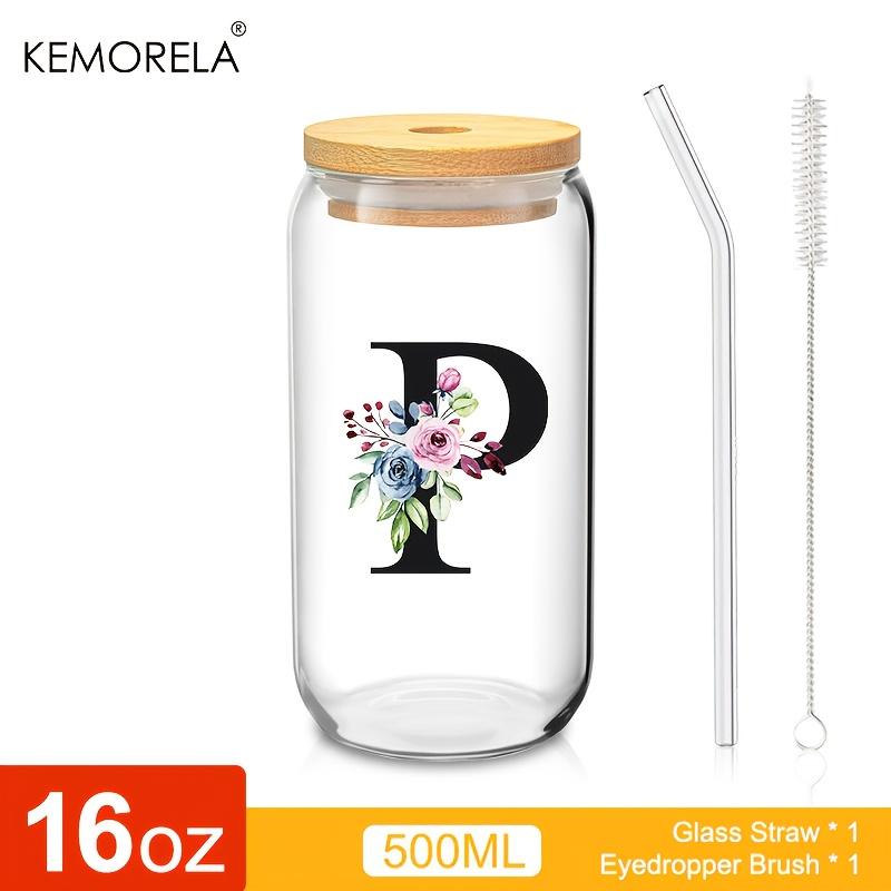 1 STÜCK 24 Buchstaben Glas Trinkbecher mit Bambusdeckel Strohhalm Individuelle Eiskaffeetasse 470ML Klares Mason Jar Bier Smoothie Cocktail