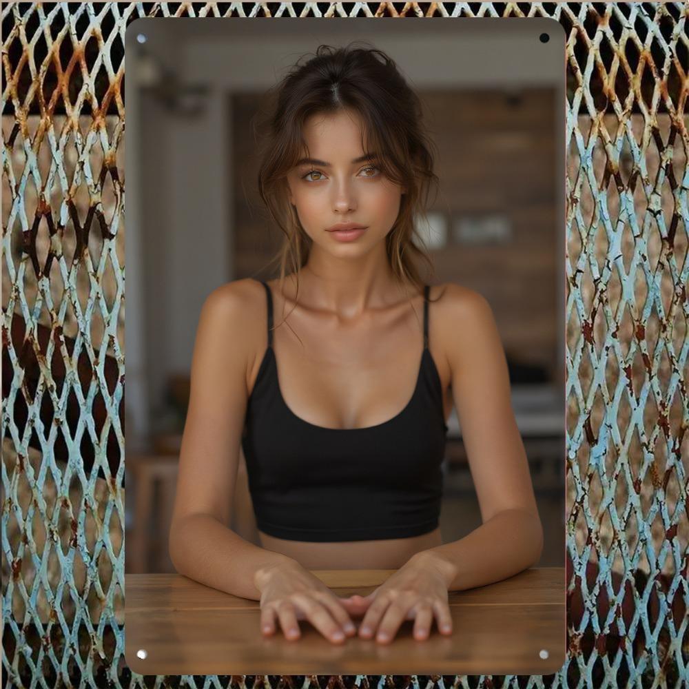 HighDefinition Metal Tin Sign Woman in Black Crop Top Indoor Portrait Vintage Metal Wall Art Decor 20x30cm（7.8x11.8inch）