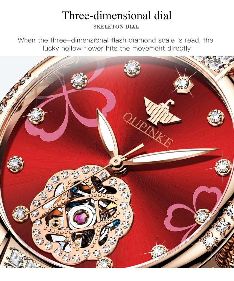 OUPINKE Women's Automatic Mechanical Watch with Japanese Movement, Ceramic Strap, High-Quality Stainless Steel, 5 ATM Water Resistance, Red
