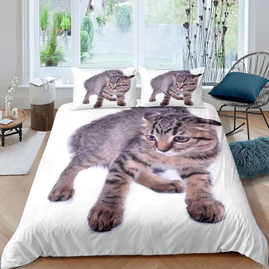 3D Digital Printing 2/3Pc Animal Cat Pattern Quilt Cover Pillowcase Double Bed Set Cover Quilt Soft Microfiber Bedding Set