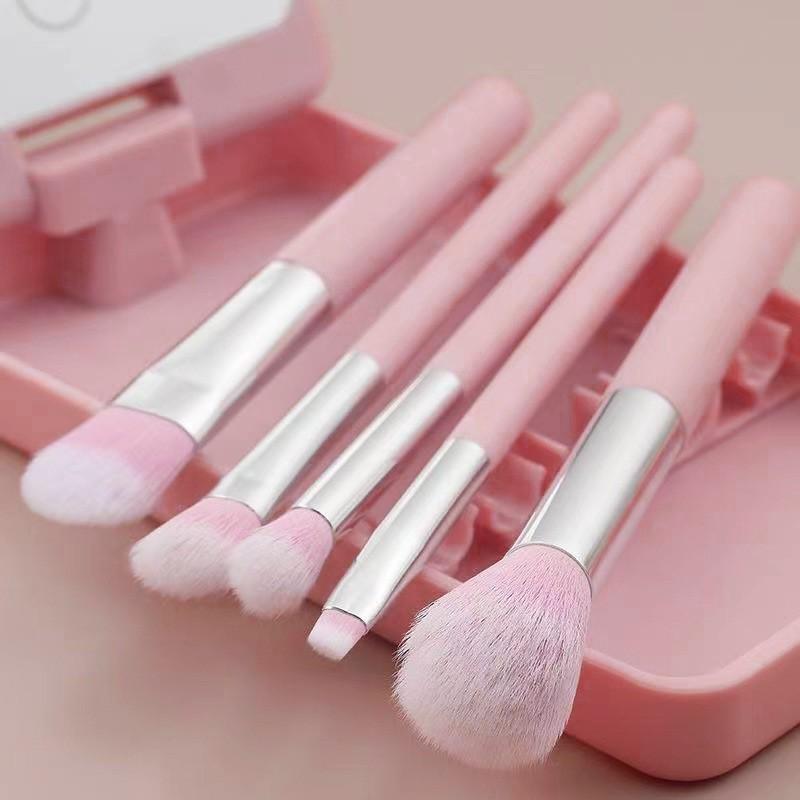 5 Pcs Makeup Brush Set With Mirror Portable Complete Cosmetic Brushes Daily Beauty Touch Ups