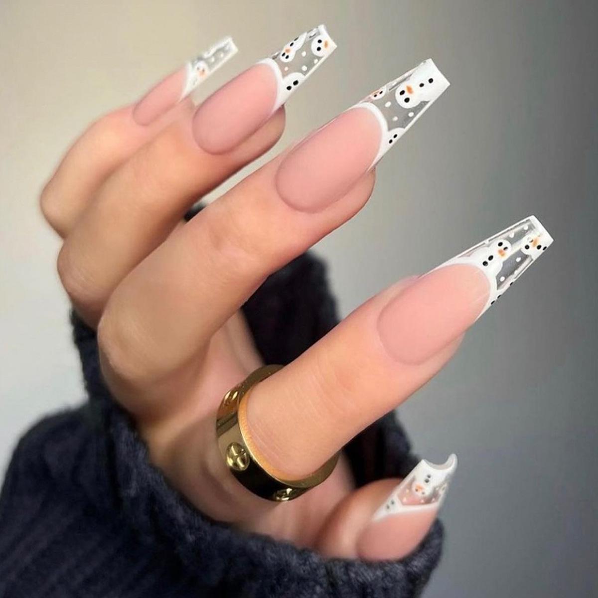 

Christmas Snowman French Trapezoid False Nails - Removable and Embossed Nail Art Tips