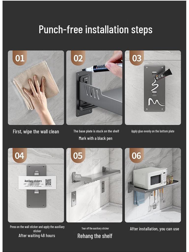 Wall-Mounted Kitchen Spice Rack: No-Punch, Moisture-Proof, Durable Microwave Oven Storage Shelf.