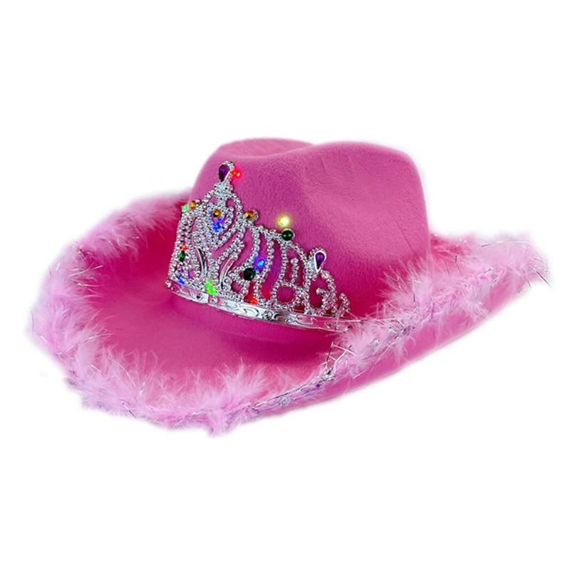 Rhinestone Crown Cowboy Hat Western Style Led Light Brim Hat Fedora Felt Cowboy Jazz Hat Accessory Wedding Party Hat