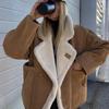 Vintage Faux Leather Warm Coat Thick Fluffy Splicing Big Lapel Coats Female Long Sleeve Outerwear Winter Lady Street Jackets