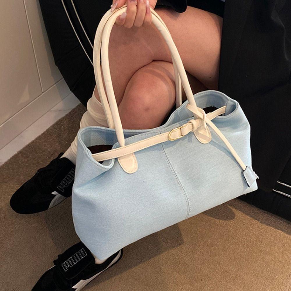 Patchwork Color Vintage Armpit Bag Hasp Closure Casual Tote Bag Denim Shoulder Bag Students