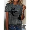 Damen T-Shirt 3D Muster Bedruckt Lässig Kurzärmlig Tier Katze Drucke O-Ausschnitt Top Modische Street Damenbekleidung