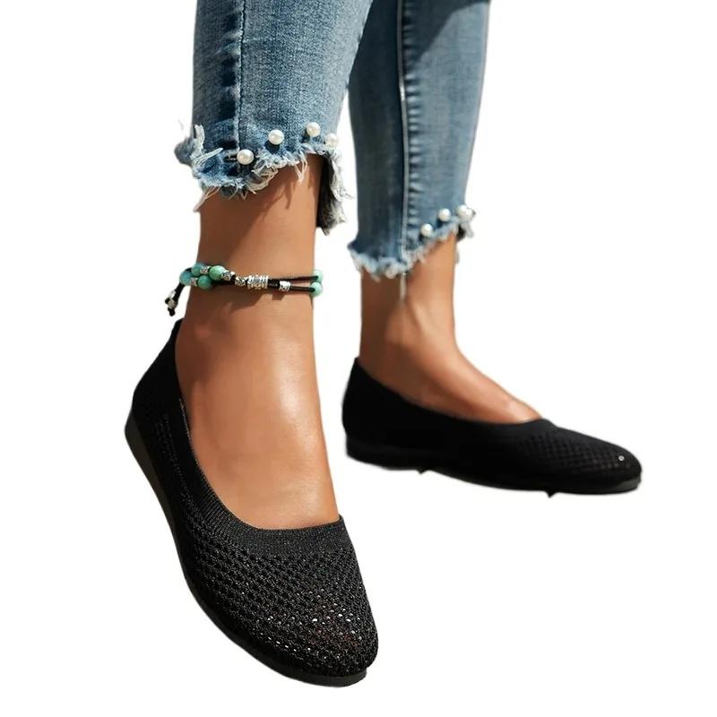 Fashion 2025 Summer Knitted Slip on Women's Soft Bottom Flats Classics Outdoor Round Toe Flats for Women Shallow Daily Plus Size Shoes