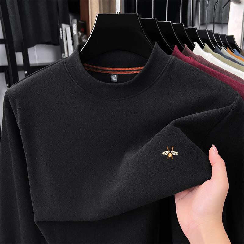 Men's Semi High Neck Velvet Long Sleeve Pullover Hoodie Winter Warm Heat Storage Print Casual Trend Menswear