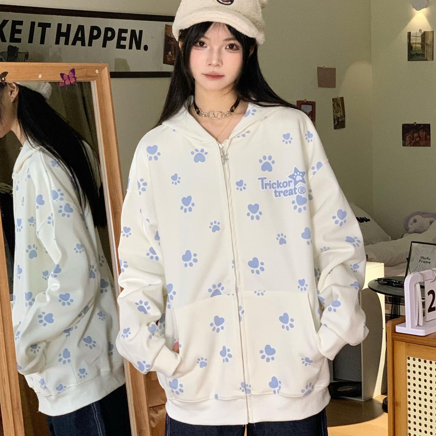 

Retro Dog Paw Print Hooded Sweatshirt for Women In Spring and Autumn Thin Coat Korean Lazy Top High Quality Durable Construction Practical Daily Use S