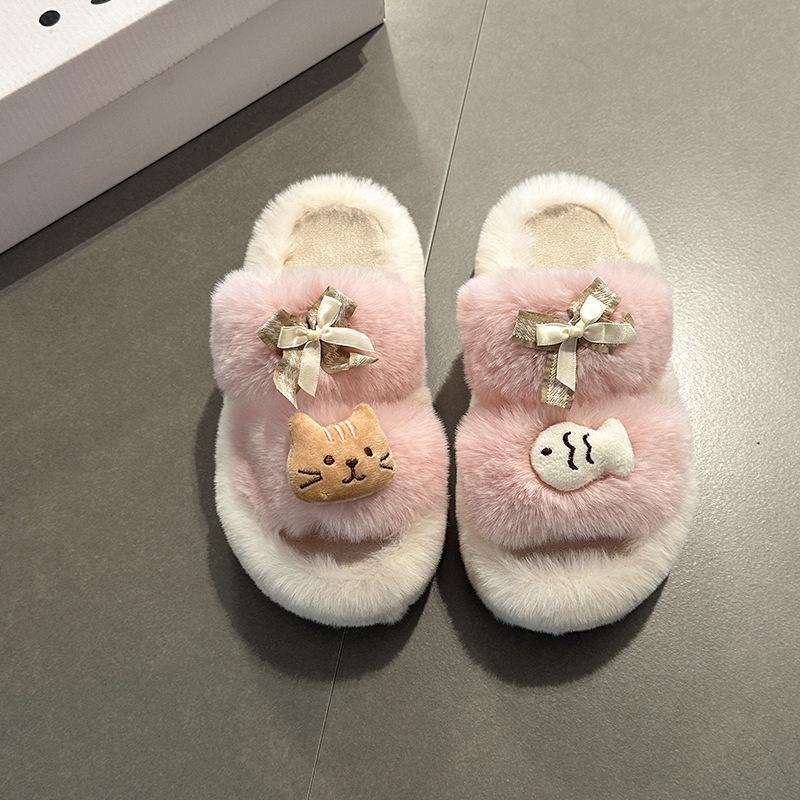 Vielseitige lässige flauschige Hausschuhe für Damen Herbst und Winter 2025 Cartoon niedliche Katze und Fisch warme dicksohlige Baumwollhausschuhe