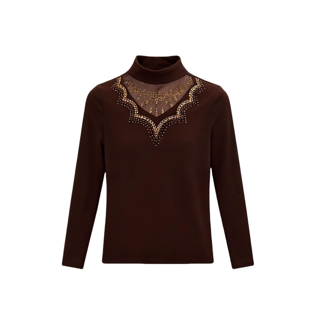 Elegant Mesh Tummy-Covering Long Sleeve Top for Mature Women