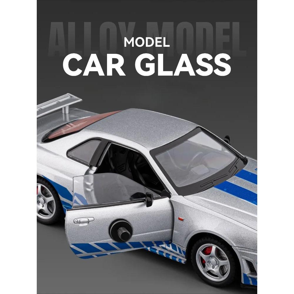 1/24 Skyline GTR R34 Static Diecast Car Sound Light Pull Back Detailed Rubber Tires Desktop Hobby Collectible Boys Gift