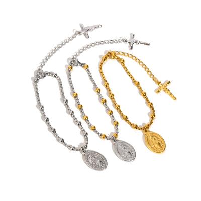 Religious Jesus Cross Rosary Bracelet for Women, Stainless Steel Virgin Mary Charms Bracelets Gold Plated Prayer Jewelry