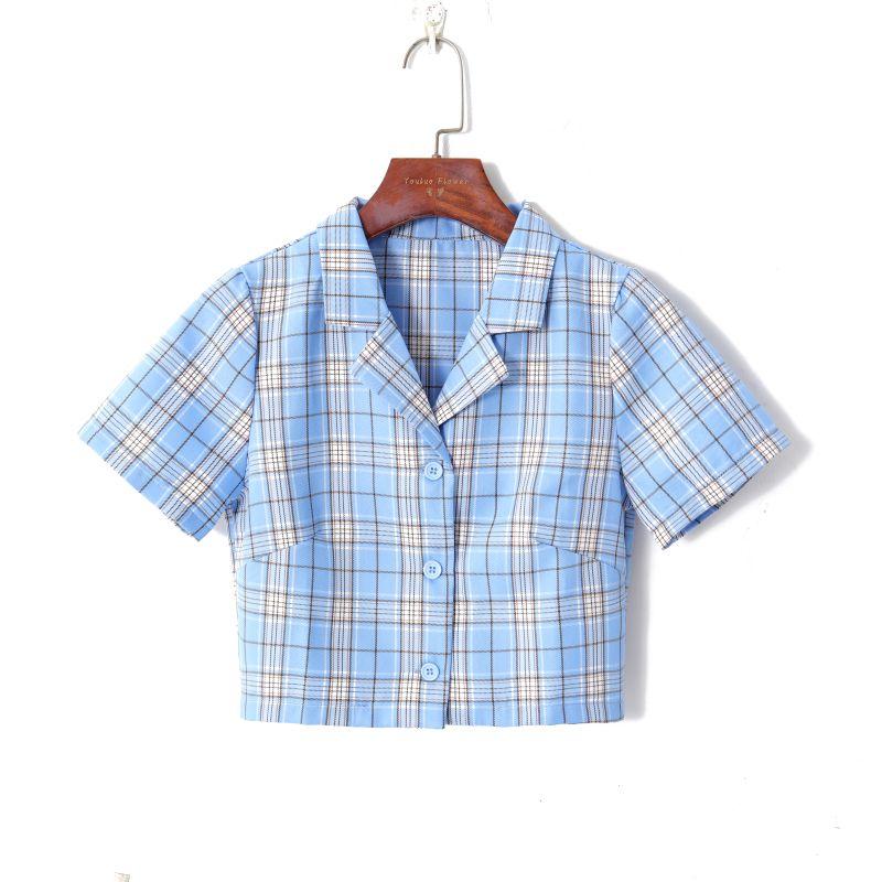 

2023 Summer Women s Clothing Fashion K-style Color Matching Plaid Elegant Suit Collar Single Breasted Silm Short Younger Shirt Blue grid S