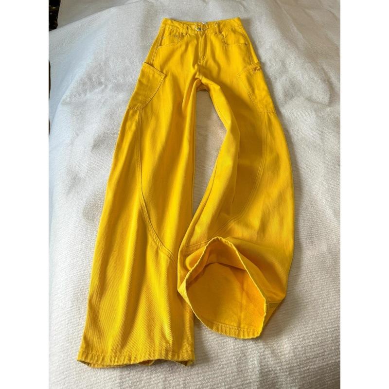 Yellow Embroidered Jeans Women s Summer High Waist Versatile Loose and Thin Floor Long Pants Trendy Bright Yellow Wide-leg Jeans S жёлтый