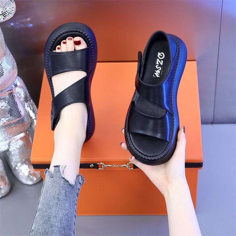 Popular Platform Sandals Women's Summer 2025 New Velcro Non-slip Soft Sole Mid-heel Skirt Casual Roman Shoes
