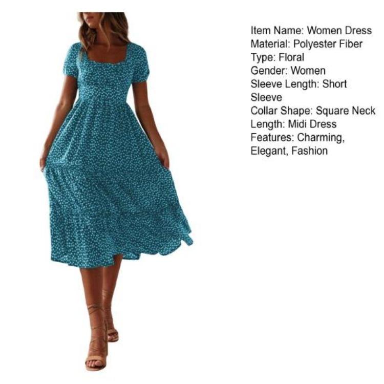 Flowy Boho Summer Dress Floral Swing Tiered Beach Sundress Women Casual Square Neck Short Sleeve Ruffle A Line