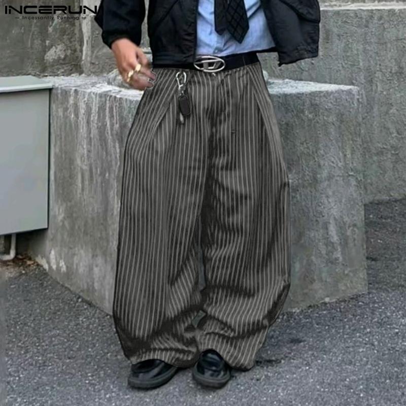 INCERUN Men Casual Loose Zip-up Waist Striped Baggy Wide Legs Pants Long Trousers