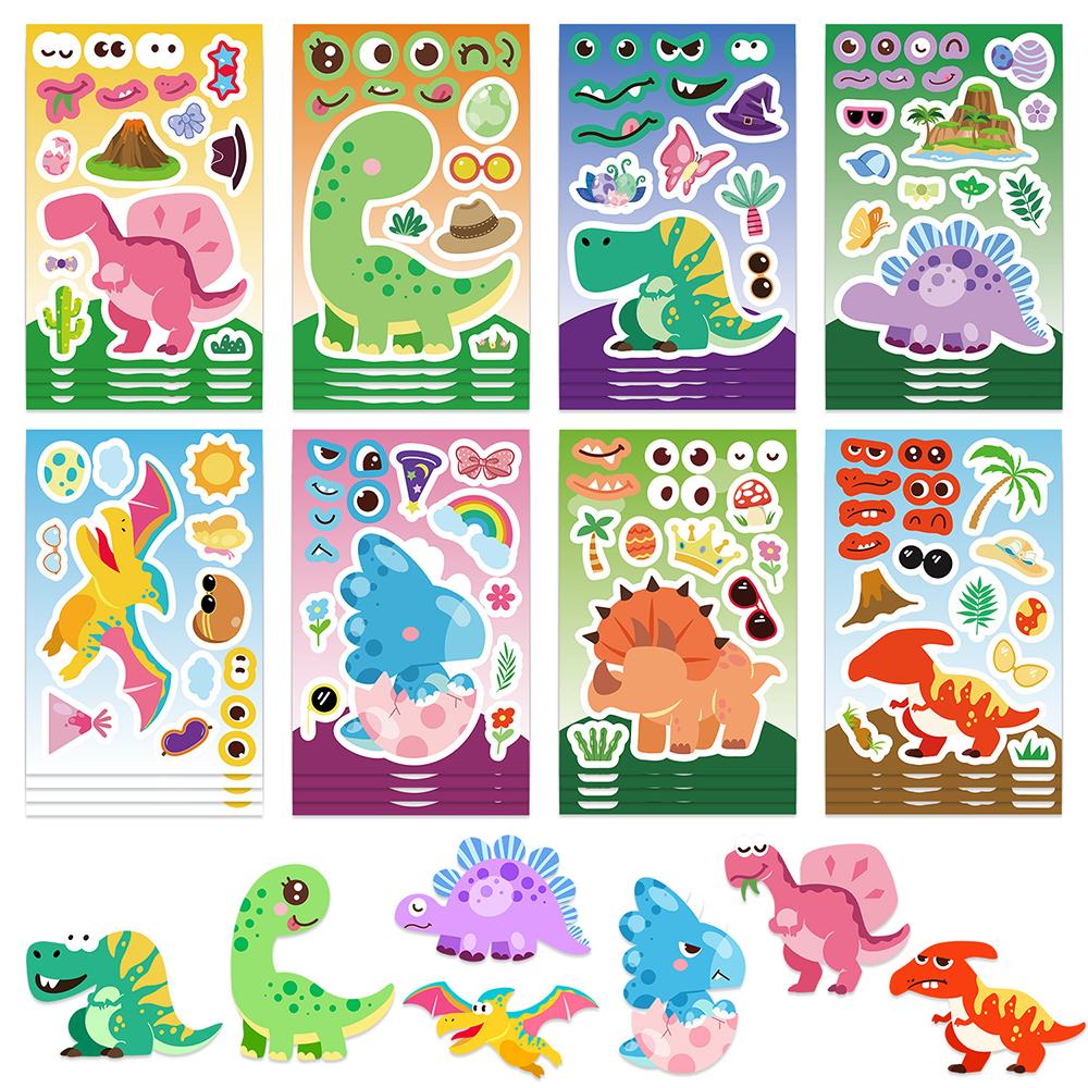8/16Sheets Cartoon Dinosaur Make A Face Puzzle Sticker PVC Material Creative DIY Luggage Notebook Waterproof Children's Stickers