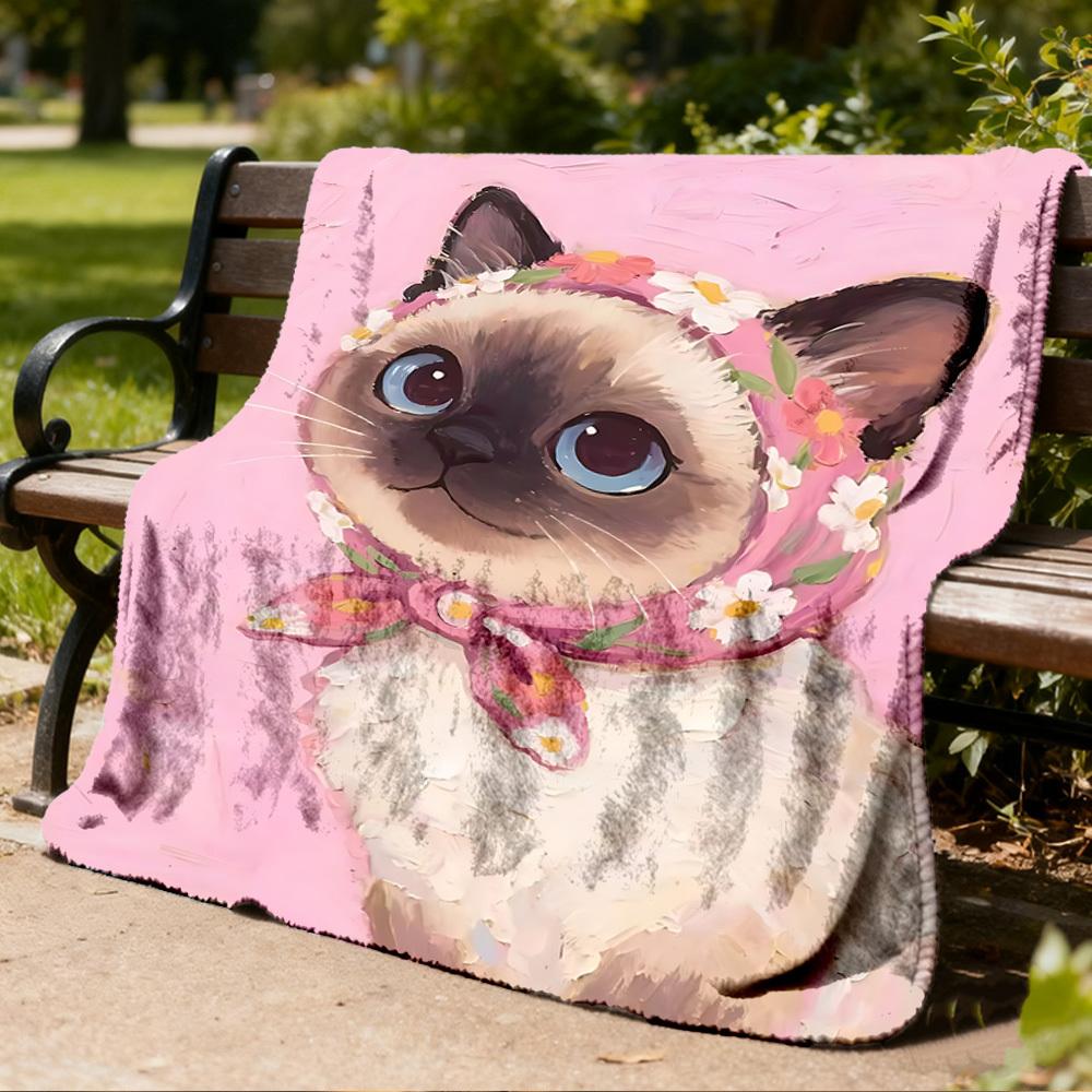 1pc Cat Floral Outdoor Blanket Soft Flannel Cozy for Travel & Camping All Season
