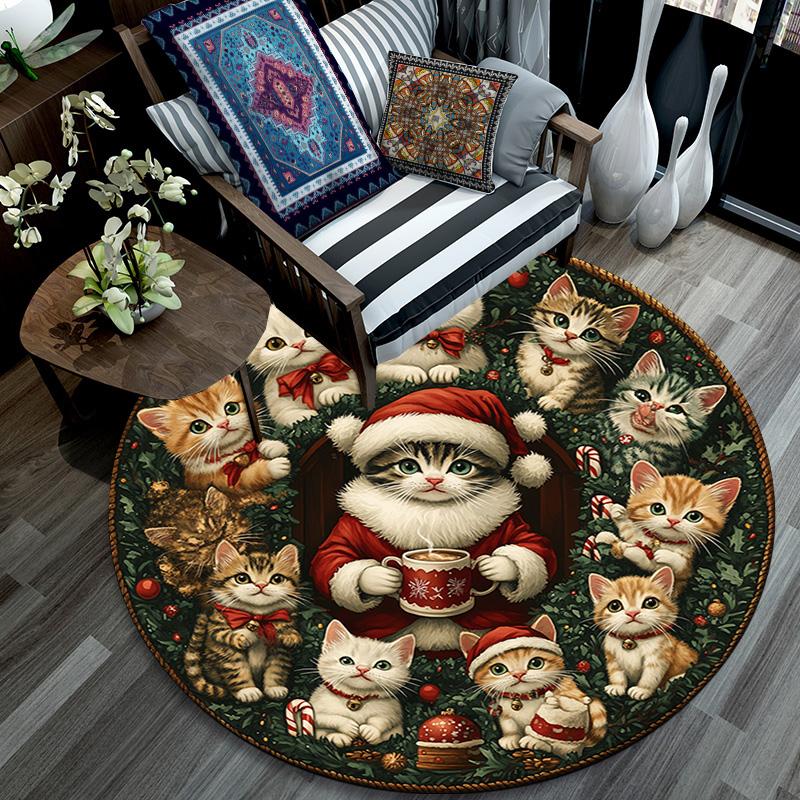 Cats and Santa Claus Round Area Rug,Carpet Rug for Living Room Bedroom Sofa Playroom Decor,Non-slip Floor Mat