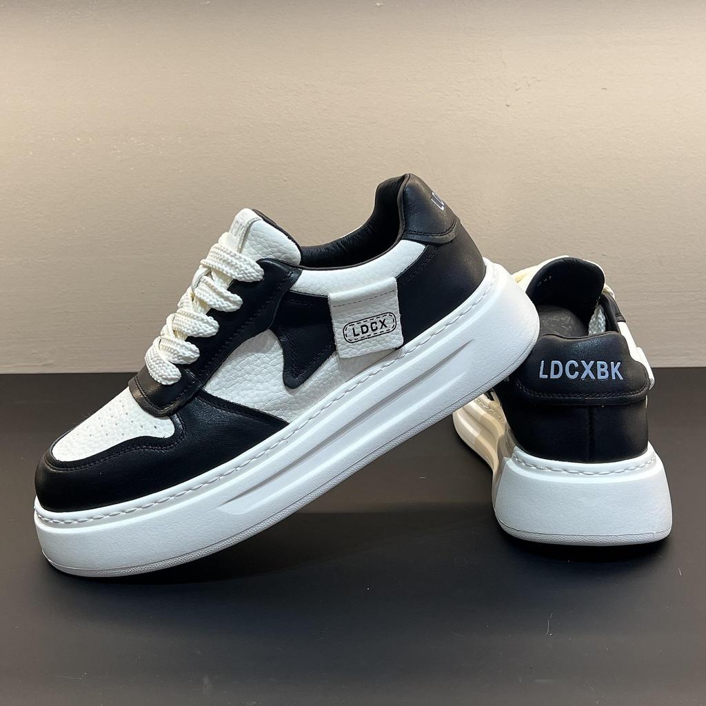 Autumn 2025 Men's Genuine Leather White Sneakers: British Style, Thick Sole, Casual, High-End Fashion