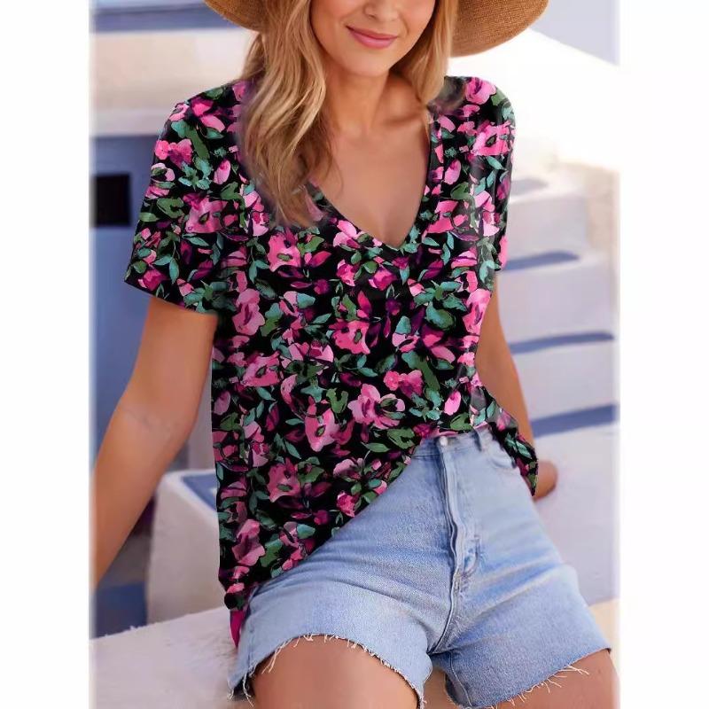 Summer Female Commuting Elegant V-neck Short Sleeved Purple Big Flower