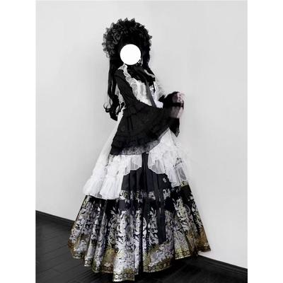 Gothic Lolita Style Ming Dynasty Hanfu Set, Improved Cross-Collar Pipa Sleeve Top & Horse Face Skirt