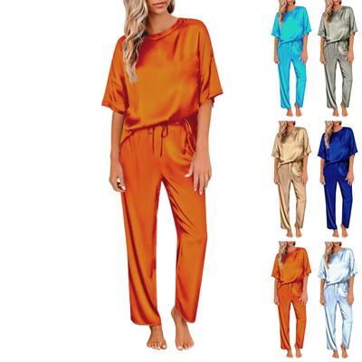 Women's Silk Solid Color Pajama Set Short Sleeve Shirt And Long Pajama Pants Set Soft Pajamas Loungewear