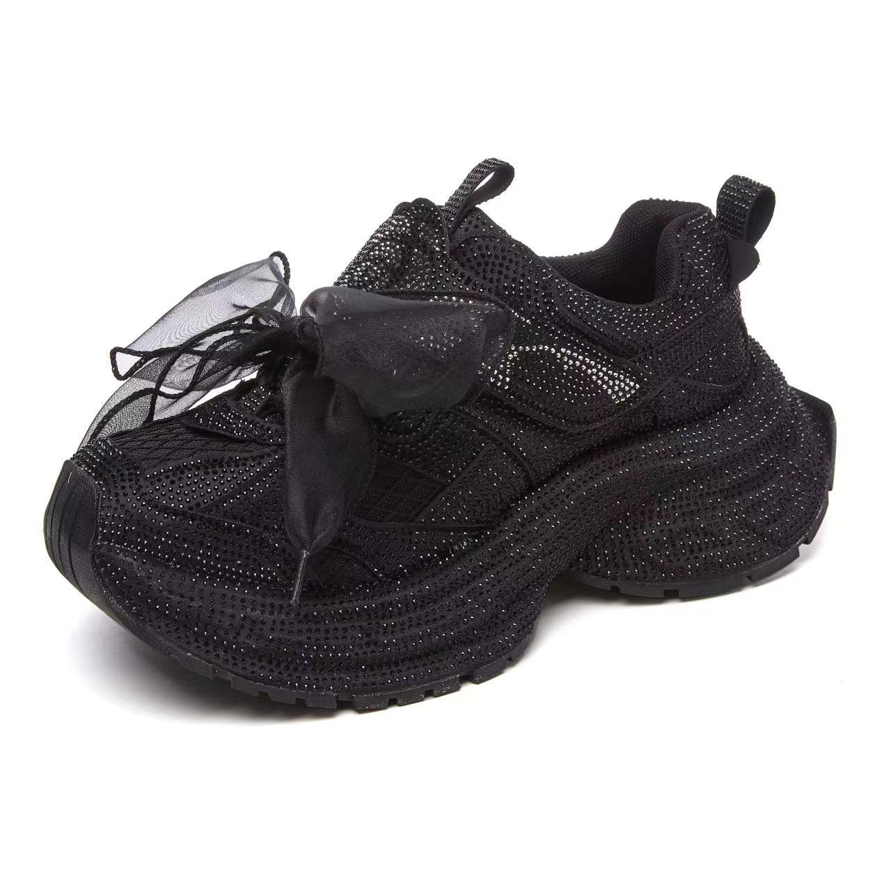 Rhinestone Gypsy Ribbon Bow Daddy Shoes Women s New Velcro Fashion Versatile Platform Sneakers 35 чёрный
