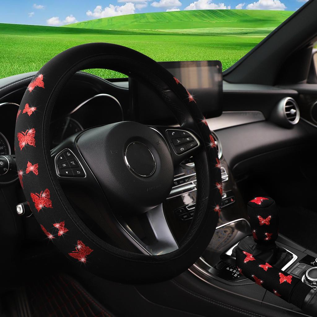 3 STÜCKE Schimmernder Schmetterling Auto ohne Innenring Lenkradbezug, Handbremsbezug, Schalthebelbezug, Autodekoartikel