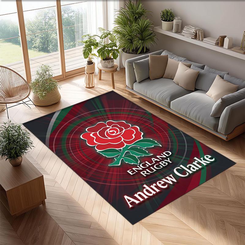 England Rugby Crystal Velvet Rug, Custom Name Text Personalized Non‑Slip Floor Mat for Home Decor Gift