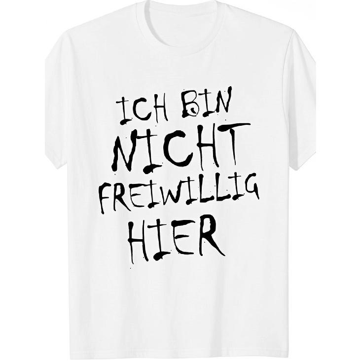 men's white cotton t-shirt with bold black german graphic print 'ich bin nicht freiwillig hier' relaxed fit short sleeve crew neck casual everyday