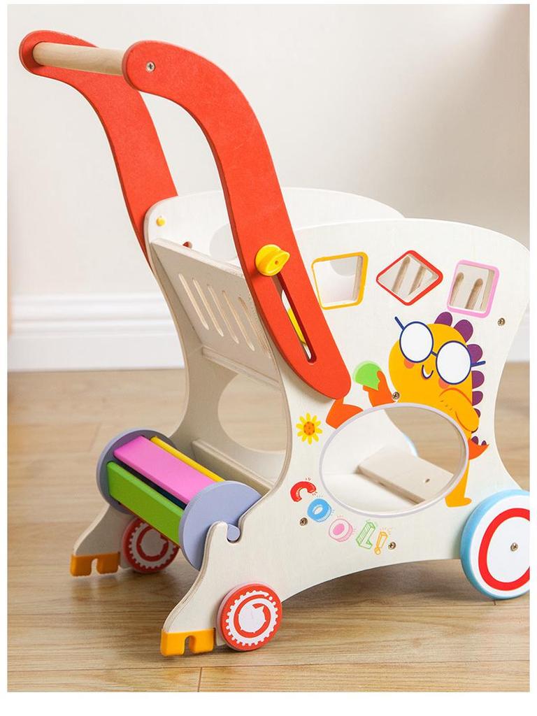 Multifunctional Wooden Baby Push Walker with Tool Basket and Anti-Bowlegs Design