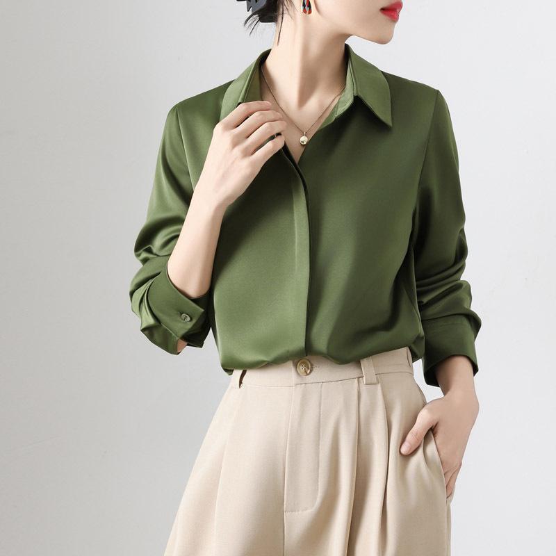 Women's Retro Satin Loose-Fit Long Sleeve Shirt - Hidden Placket, Hong Kong Style, Light Luxury for Spring & Autumn