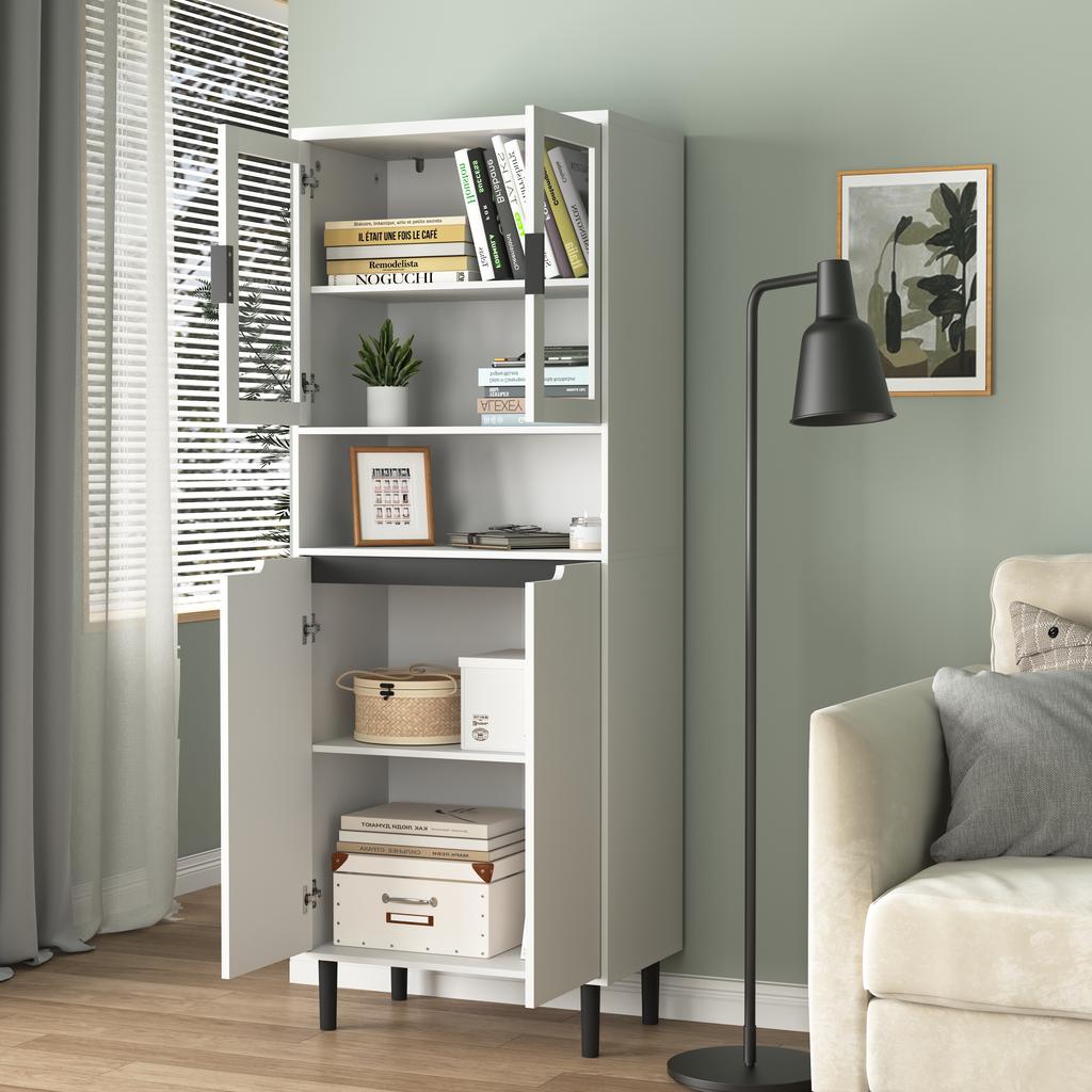 Tall Bookshelf with Tempered Glass Door and Adjustable Shelf, 4 Doors, Painted MDF Cabinet, White, Storage for Living Room and Bedroom