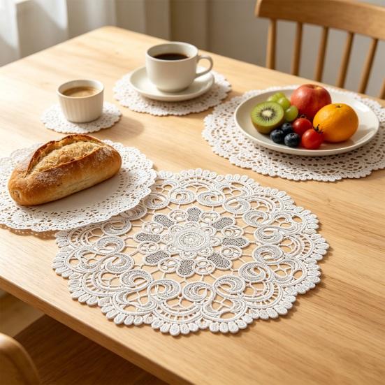 White Lace Placemat, Round Oval Vintage Doily, Embroidered Placemat Coaster for Cup Vase Dining Table Wedding Party Decor