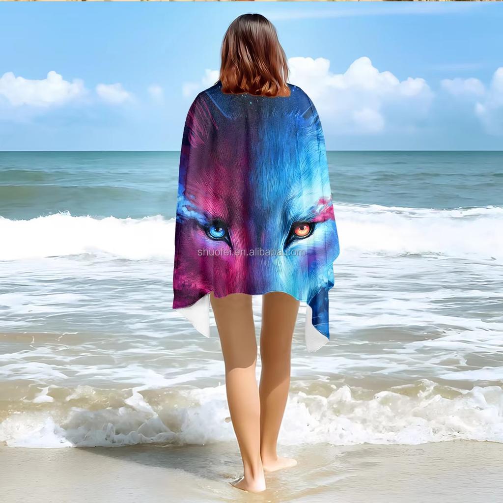 Vibrant Galaxy Wolf Head Beach Towel | Trendy Abstract Animal Art Bath Towel Perfect for Music Festival & Vacation