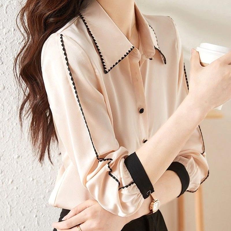 Blouses Premium Autumn Winter Straight Korean Thin Striped Button Women's Clothing Turn-down Collar Temperament Dignified
