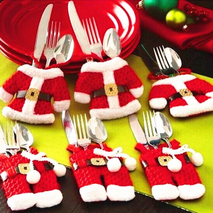 6pcs Christmas Table Decor Silverware Cutlery Tableware Holder Pocket Santa Suit Gift 2024 New Year Bag