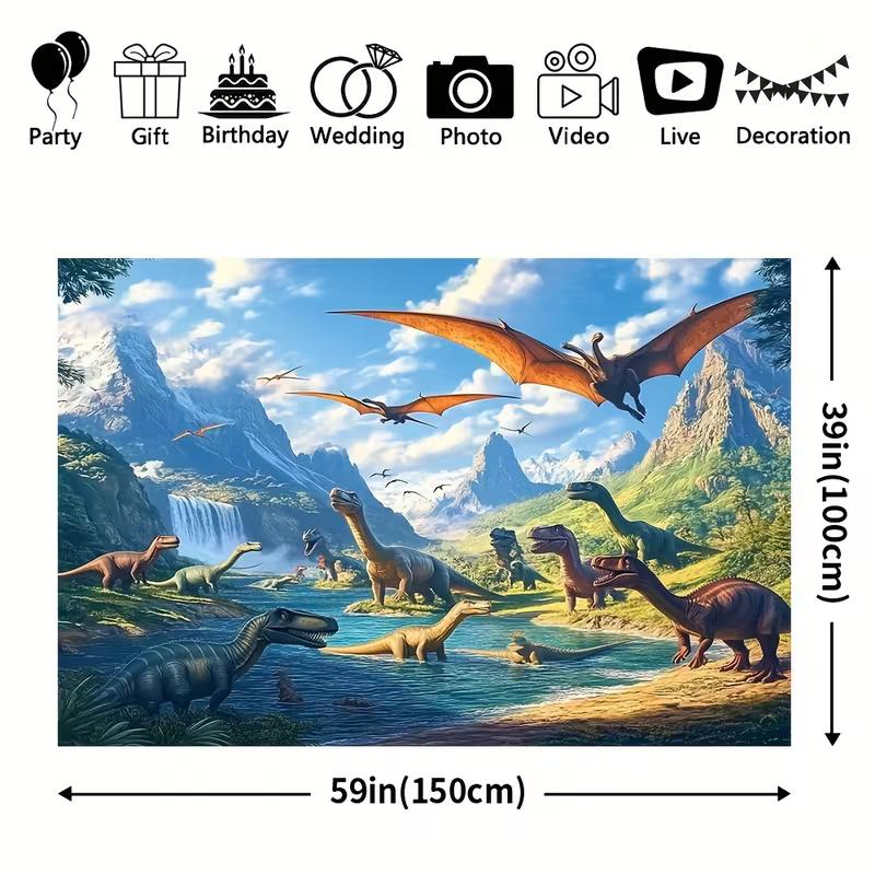 Realistische Dinosaurier-Fluss-Wandteppich, Prähistorischer Jura-Wasserfall & Bergwand-Dekor für Jungenzimmer