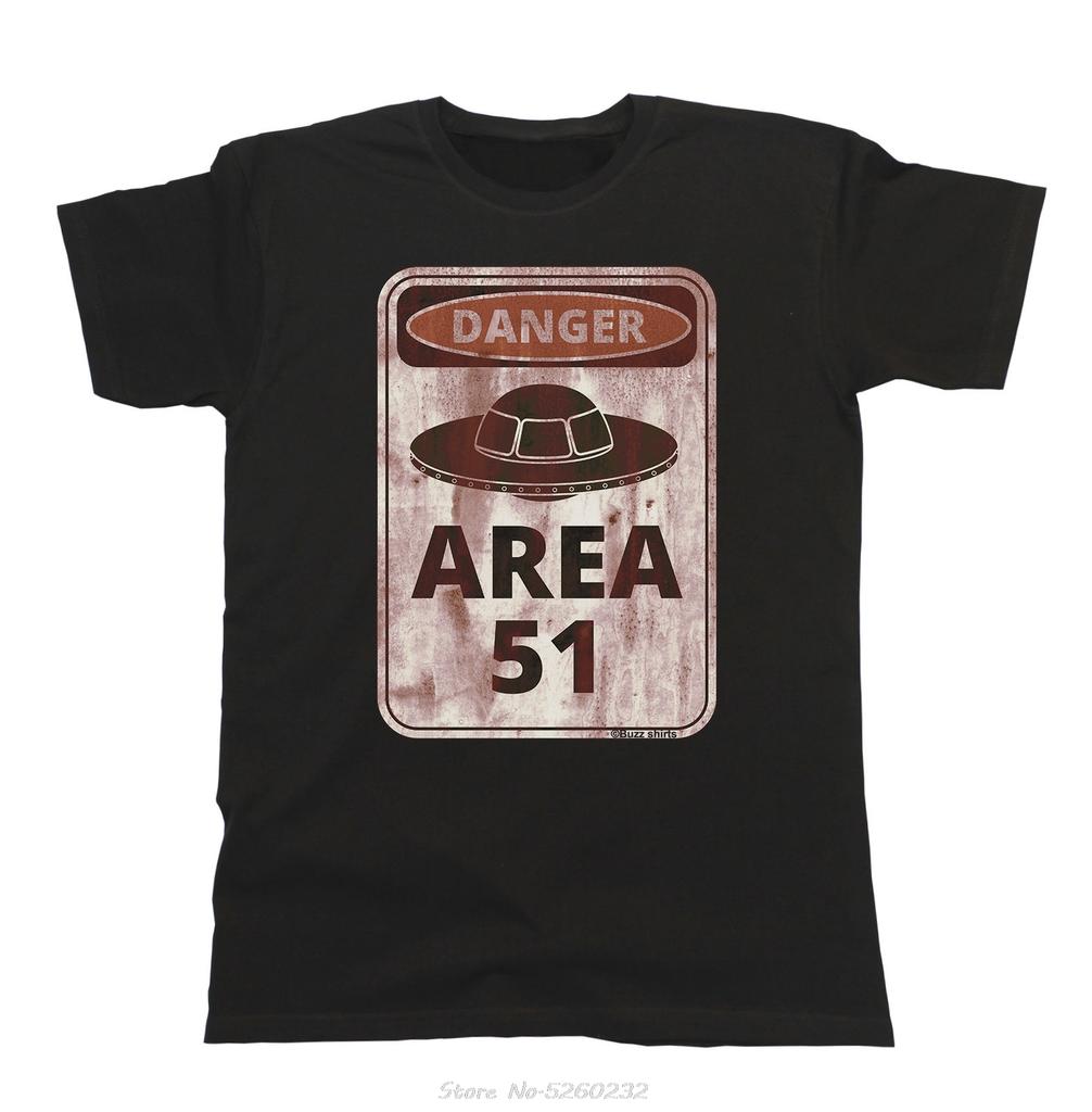 Danger Area 51 Aliens Funny Mens T-Shirt UFO Spaceship Space Gift Top T Shits Printing Short Sleeve Casual O-Neck Cotton