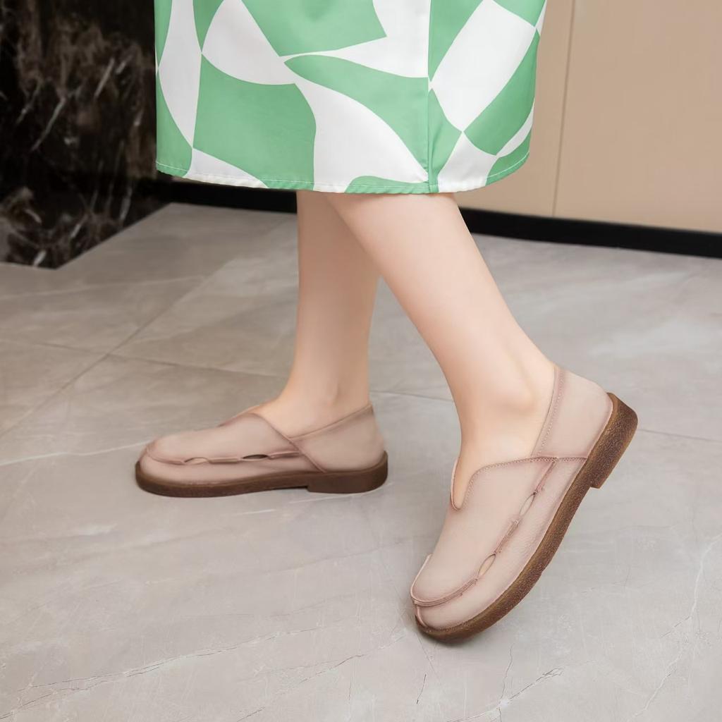 The first layer of cowhide retro soft-soled single shoes for women's summer new hollow breathable sen women's shoes, one pedal for women's shoes