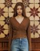 LOVEUSU V-Neck Shirring T-Shirt (Brown)
