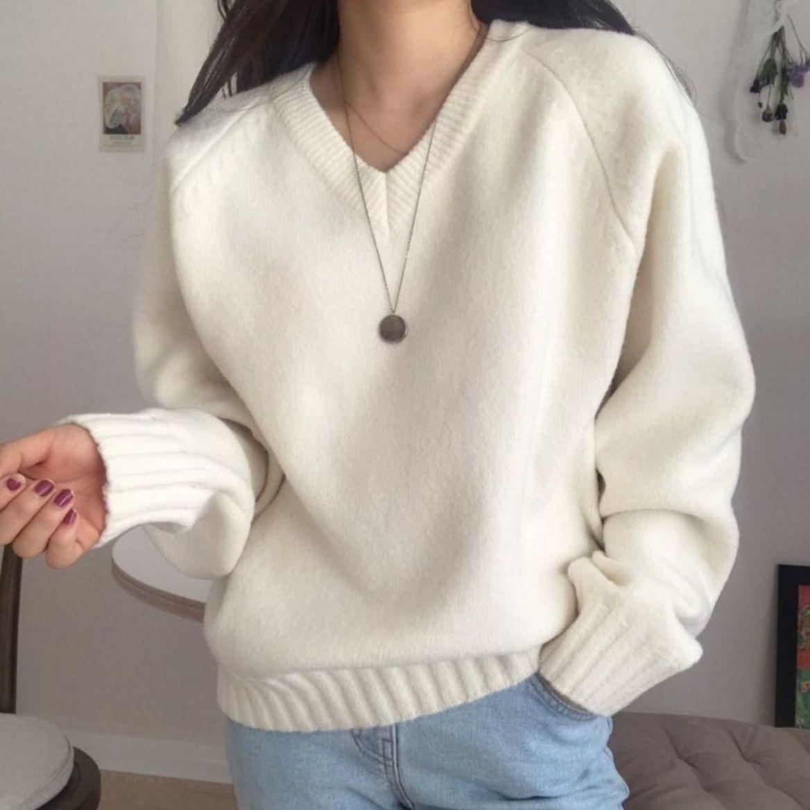 

Женский осенне-зимний свитер в корейском стиле с V-образным вырезом, свободный, ленивый стиль, универсальный пуловер, вязаный топ, базовый слой для женщин 3XL