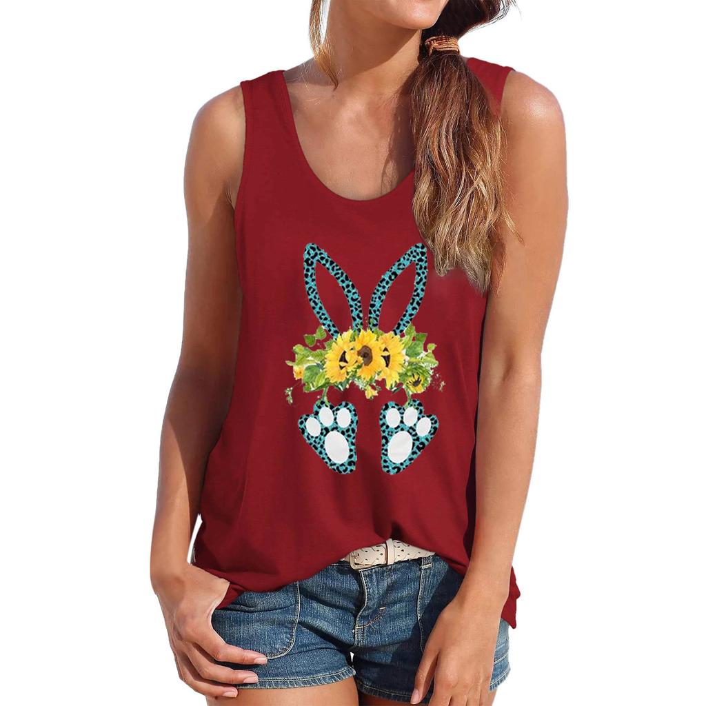 Casual Crew Neck Top Printed Loose Sleeveless Fashion T-Shirts Women’s